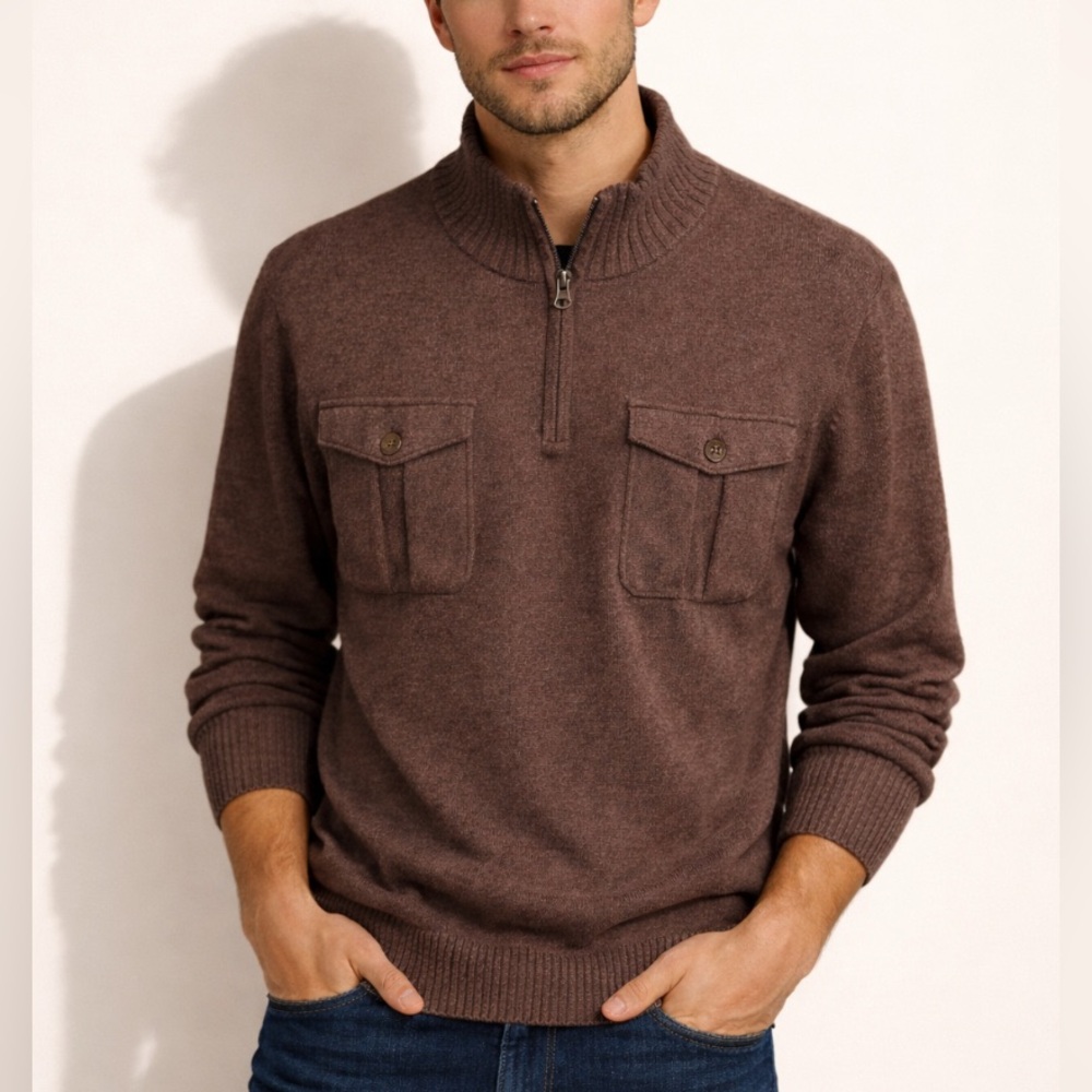 Dockers Men's brown quarter-zip pullover sweater with buttoned chest pockets